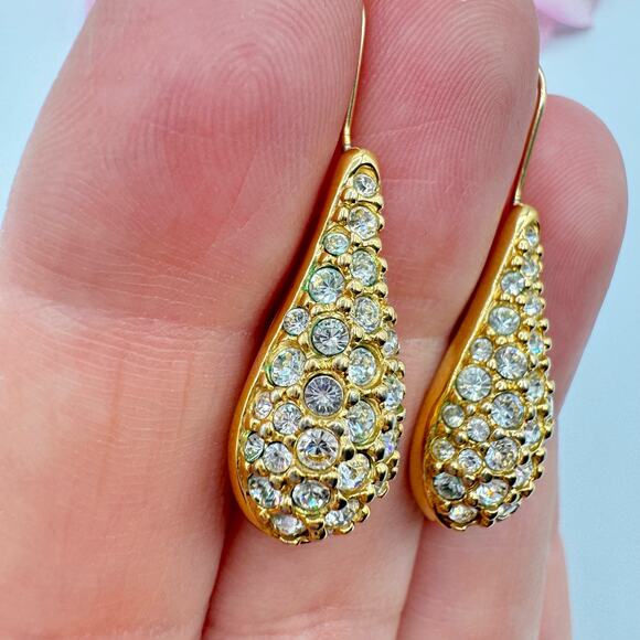 Vintage Swarovski Pave Teardrop Earrings Gold Filled Earwires Swan Signed Bridal - Picture 4 of 13